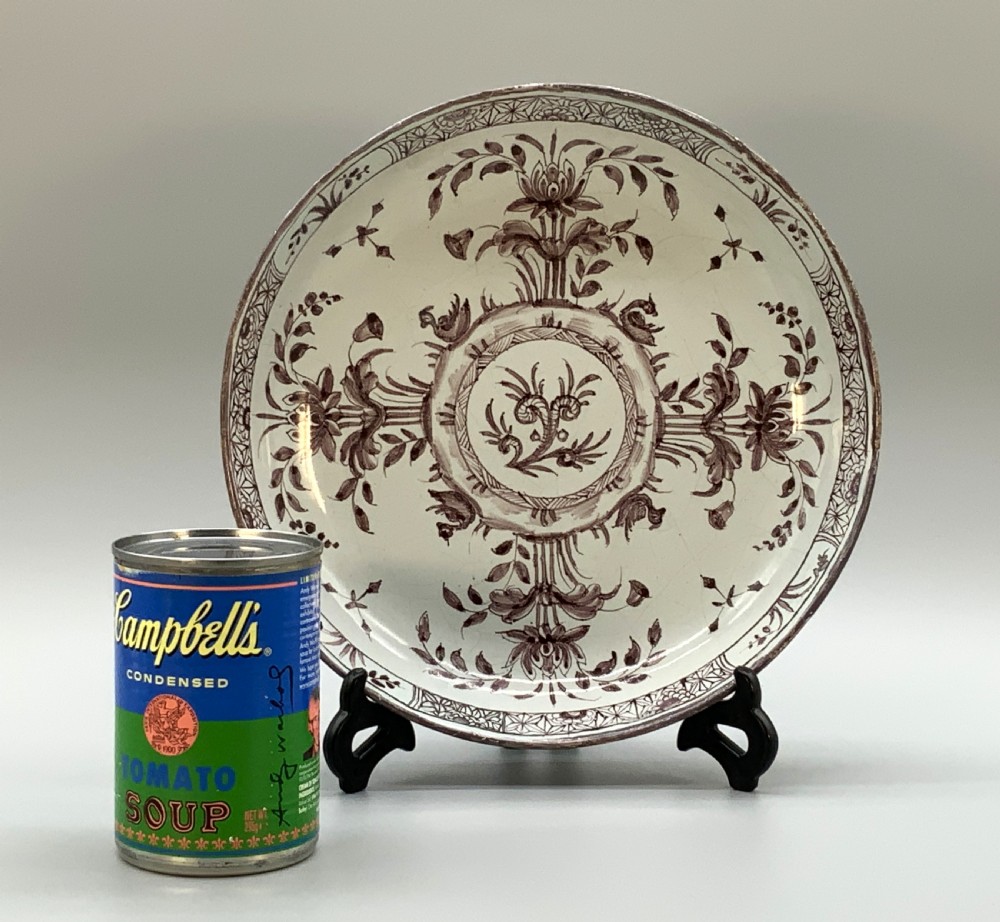 Beautiful 18th-Century Dutch Delft Manganese Floral & Duck Painted Charger Plate View II