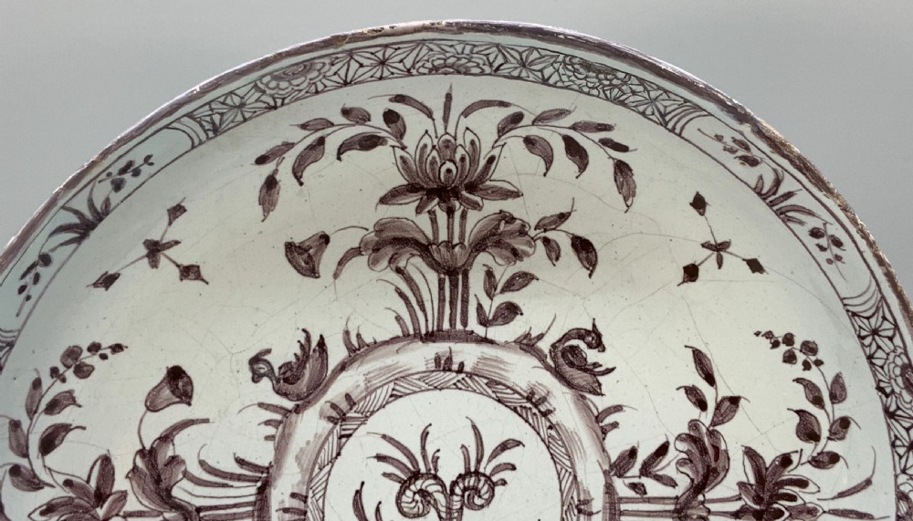 Beautiful 18th-Century Dutch Delft Manganese Floral & Duck Painted Charger Plate View III
