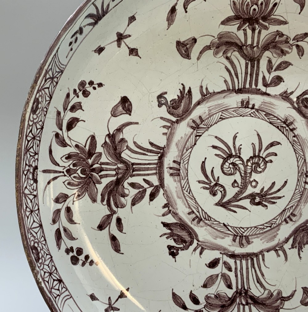 Beautiful 18th-Century Dutch Delft Manganese Floral & Duck Painted Charger Plate View IV