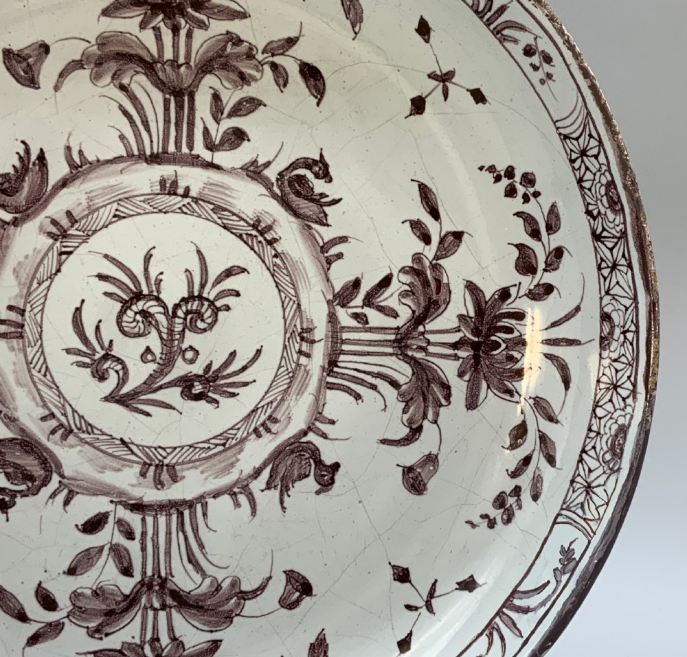 Beautiful 18th-Century Dutch Delft Manganese Floral & Duck Painted Charger Plate View V
