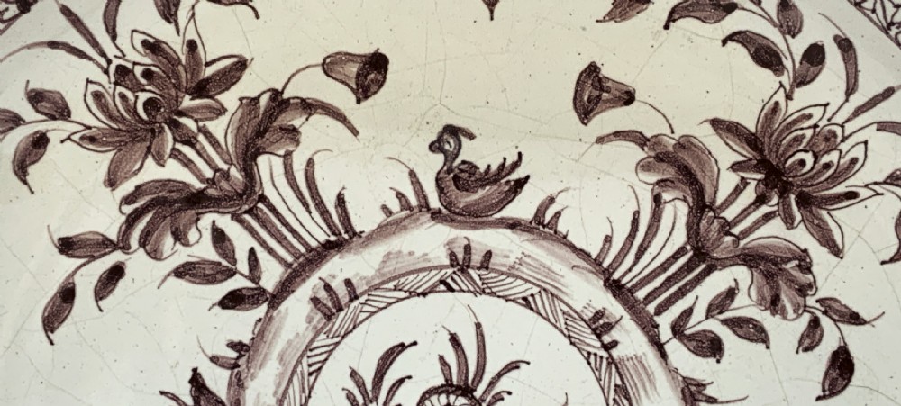 Beautiful 18th-Century Dutch Delft Manganese Floral & Duck Painted Charger Plate View VI