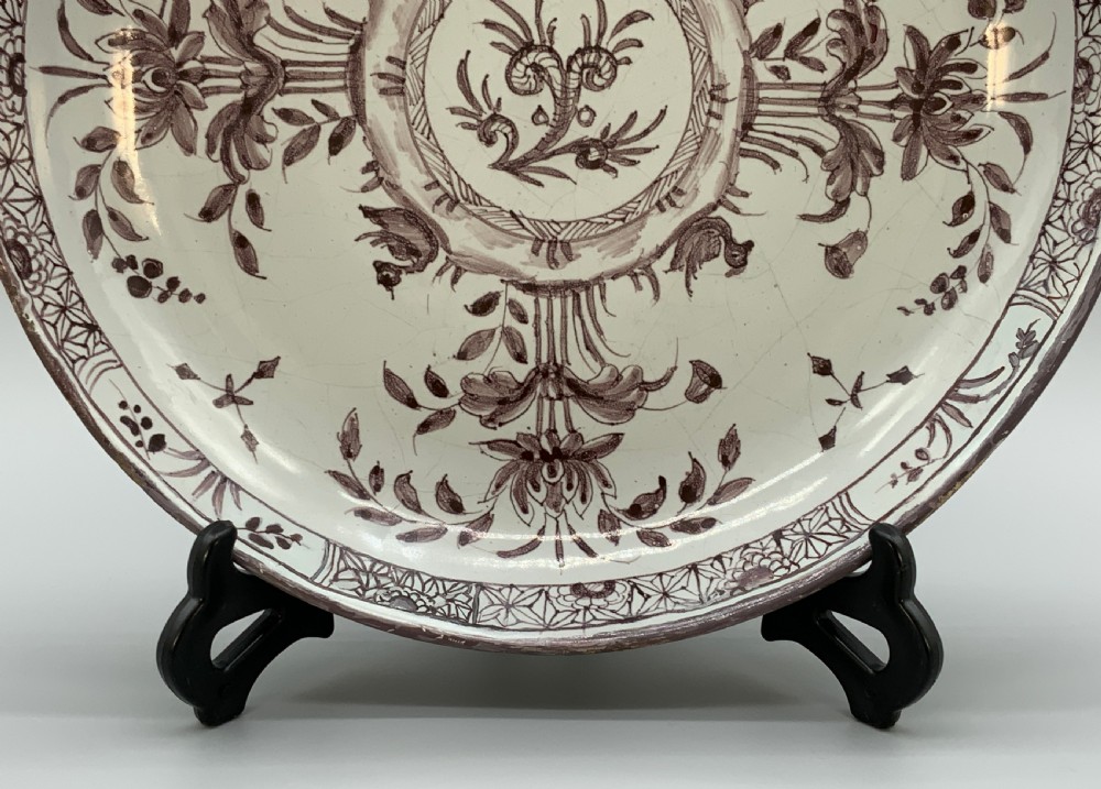 Beautiful 18th-Century Dutch Delft Manganese Floral & Duck Painted Charger Plate View VII