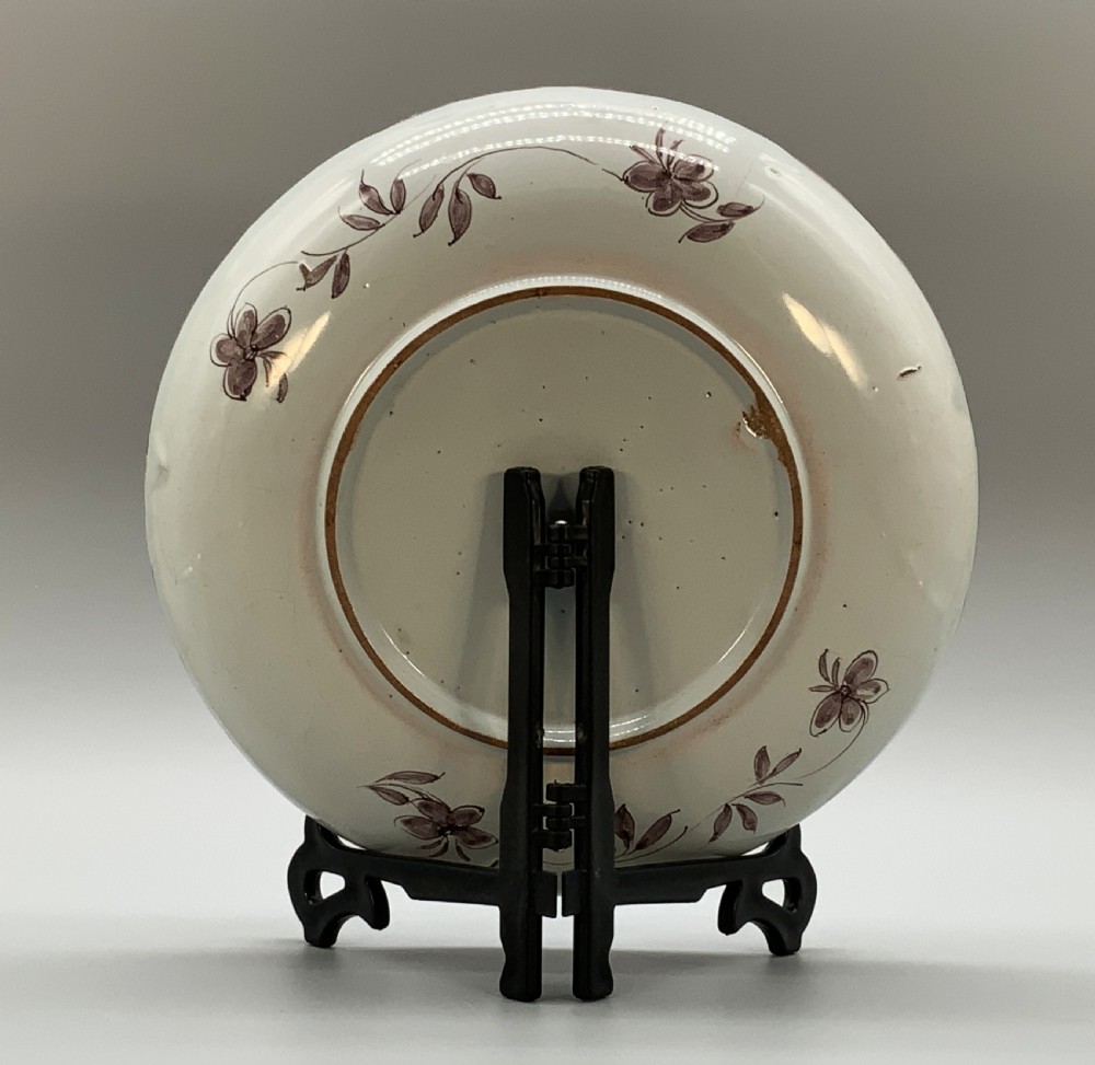Beautiful 18th-Century Dutch Delft Manganese Floral & Duck Painted Charger Plate View VIII