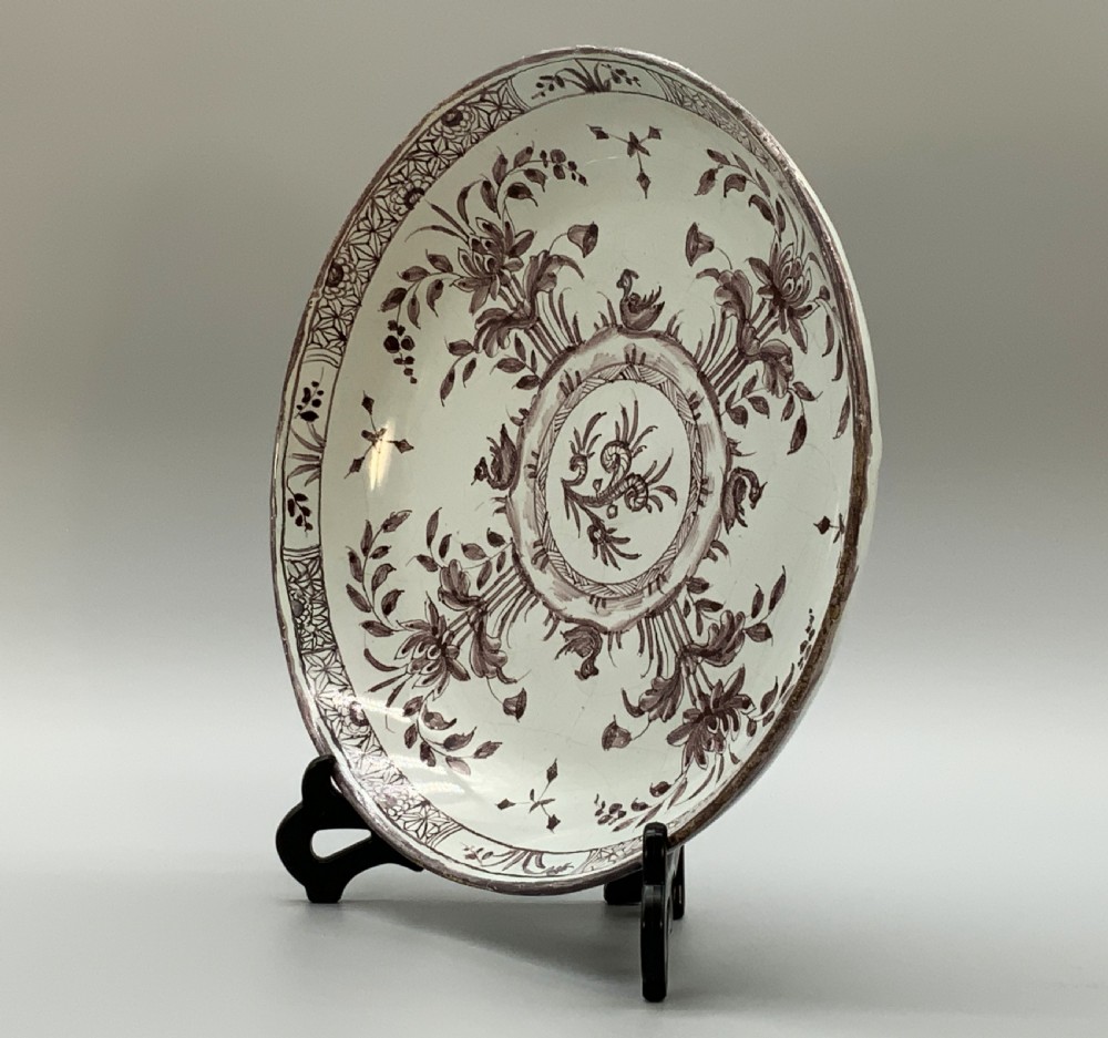 Beautiful 18th-Century Dutch Delft Manganese Floral & Duck Painted Charger Plate View IX