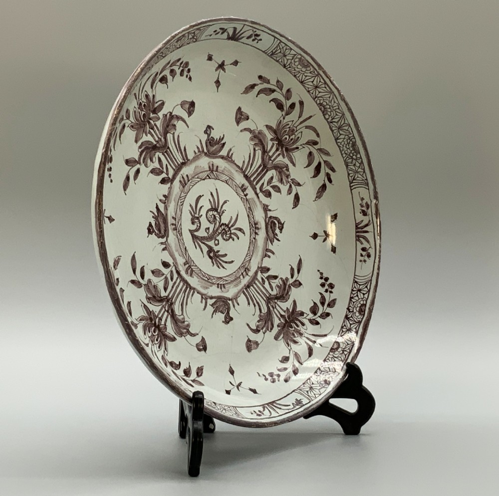Beautiful 18th-Century Dutch Delft Manganese Floral & Duck Painted Charger Plate View X