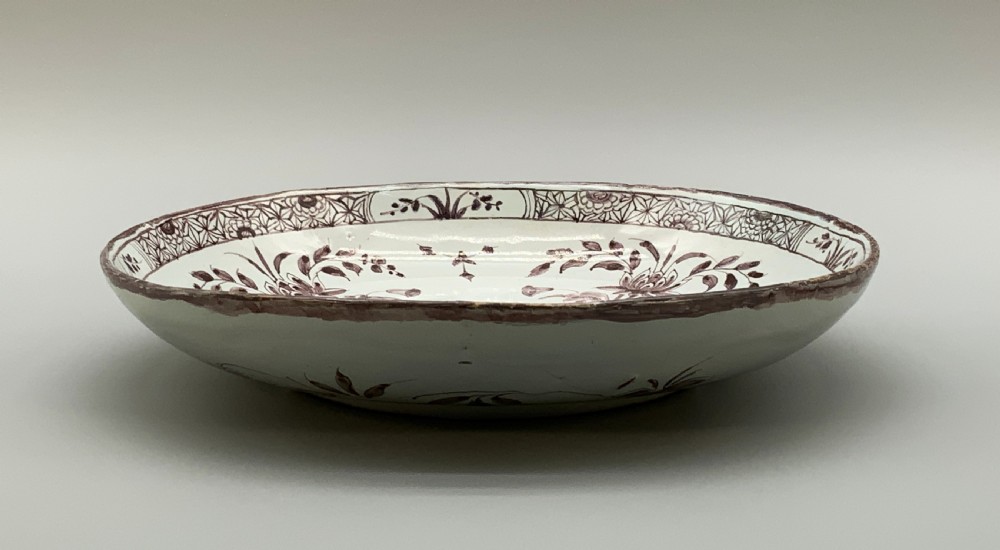 Beautiful 18th-Century Dutch Delft Manganese Floral & Duck Painted Charger Plate View XI