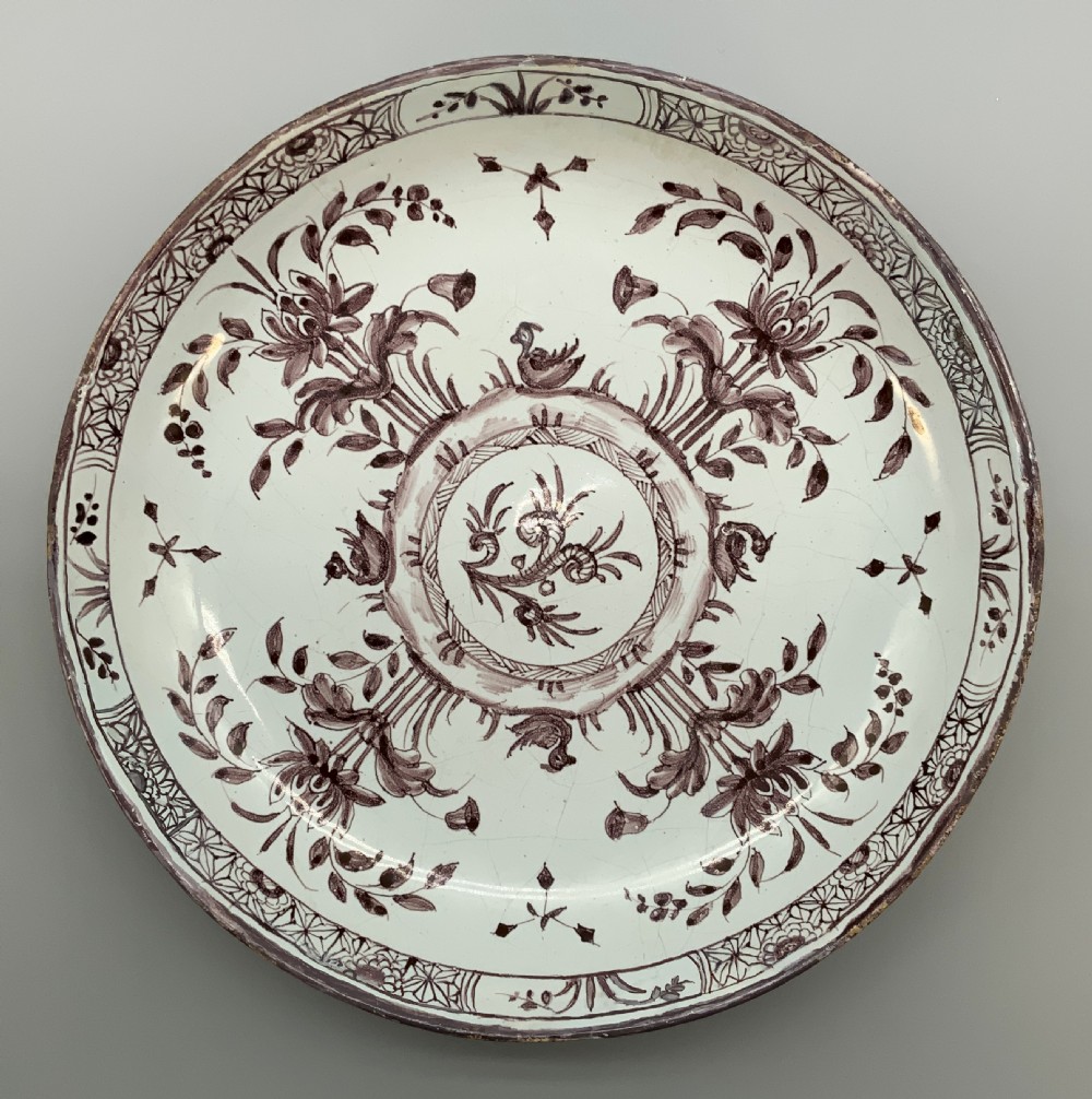 Beautiful 18th-Century Dutch Delft Manganese Floral & Duck Painted Charger Plate View XII