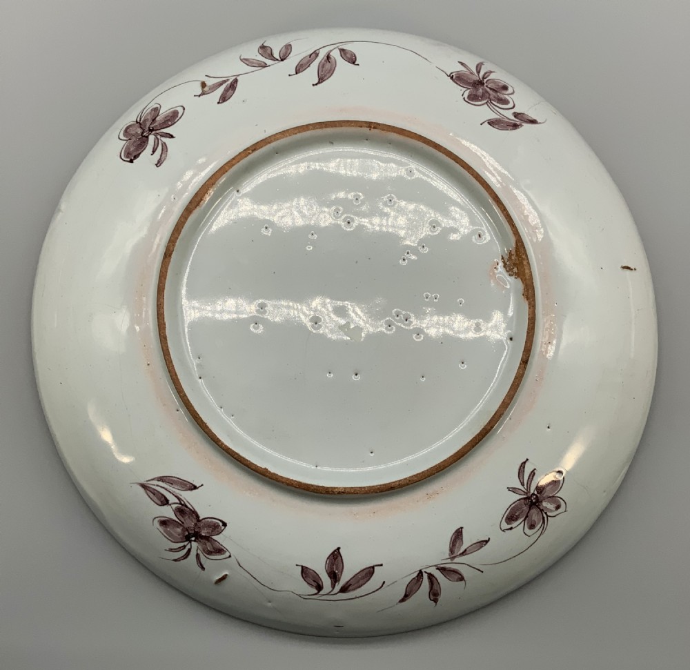 Beautiful 18th-Century Dutch Delft Manganese Floral & Duck Painted Charger Plate View XIII