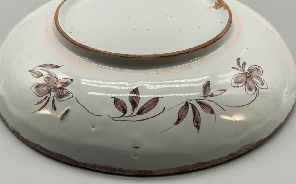 Beautiful 18th-Century Dutch Delft Manganese Floral & Duck Painted Charger Plate View XIV