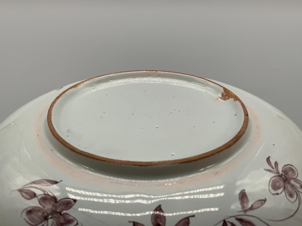 Beautiful 18th-Century Dutch Delft Manganese Floral & Duck Painted Charger Plate View XV