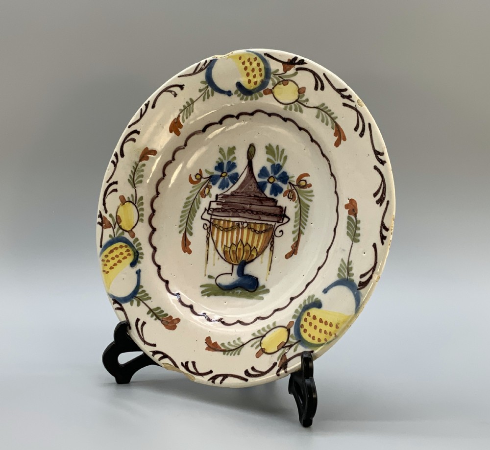 Gorgeous 18th-Century Dutch Delft Manganese and Polychrome Charger Plate View III