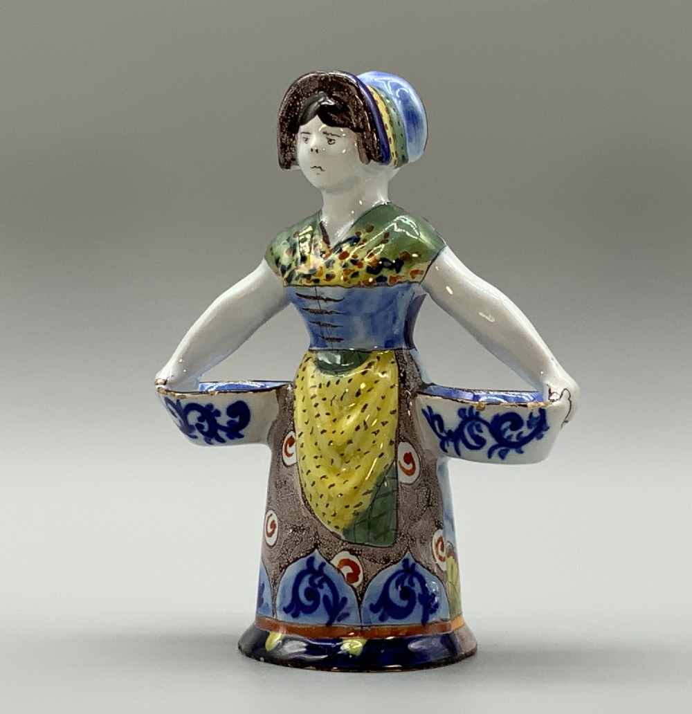 Rare 19th-Century French Polychrome Faience Delft Double Salt Cellar Saleron