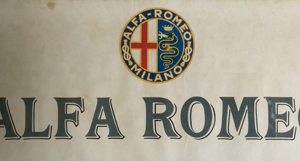 A long vertical glazed poster displaying six illustrated historical Alfa Romeo motor cars arranged chronologically from 1910 to 1950 on a cream paper background inside a white frame. View VII