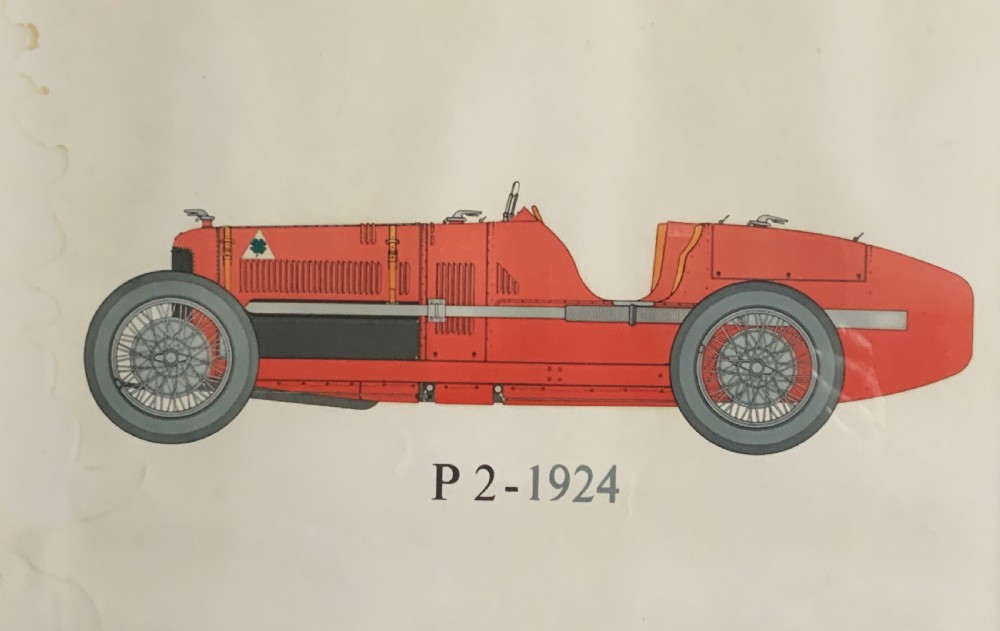 A long vertical glazed poster displaying six illustrated historical Alfa Romeo motor cars arranged chronologically from 1910 to 1950 on a cream paper background inside a white frame. View XI