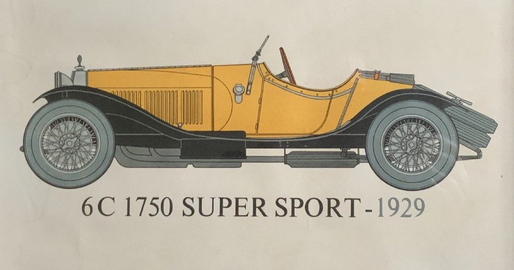A long vertical glazed poster displaying six illustrated historical Alfa Romeo motor cars arranged chronologically from 1910 to 1950 on a cream paper background inside a white frame. View XII