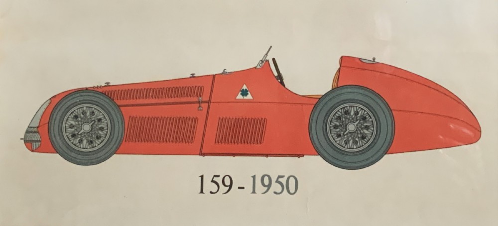 A long vertical glazed poster displaying six illustrated historical Alfa Romeo motor cars arranged chronologically from 1910 to 1950 on a cream paper background inside a white frame. View XIII