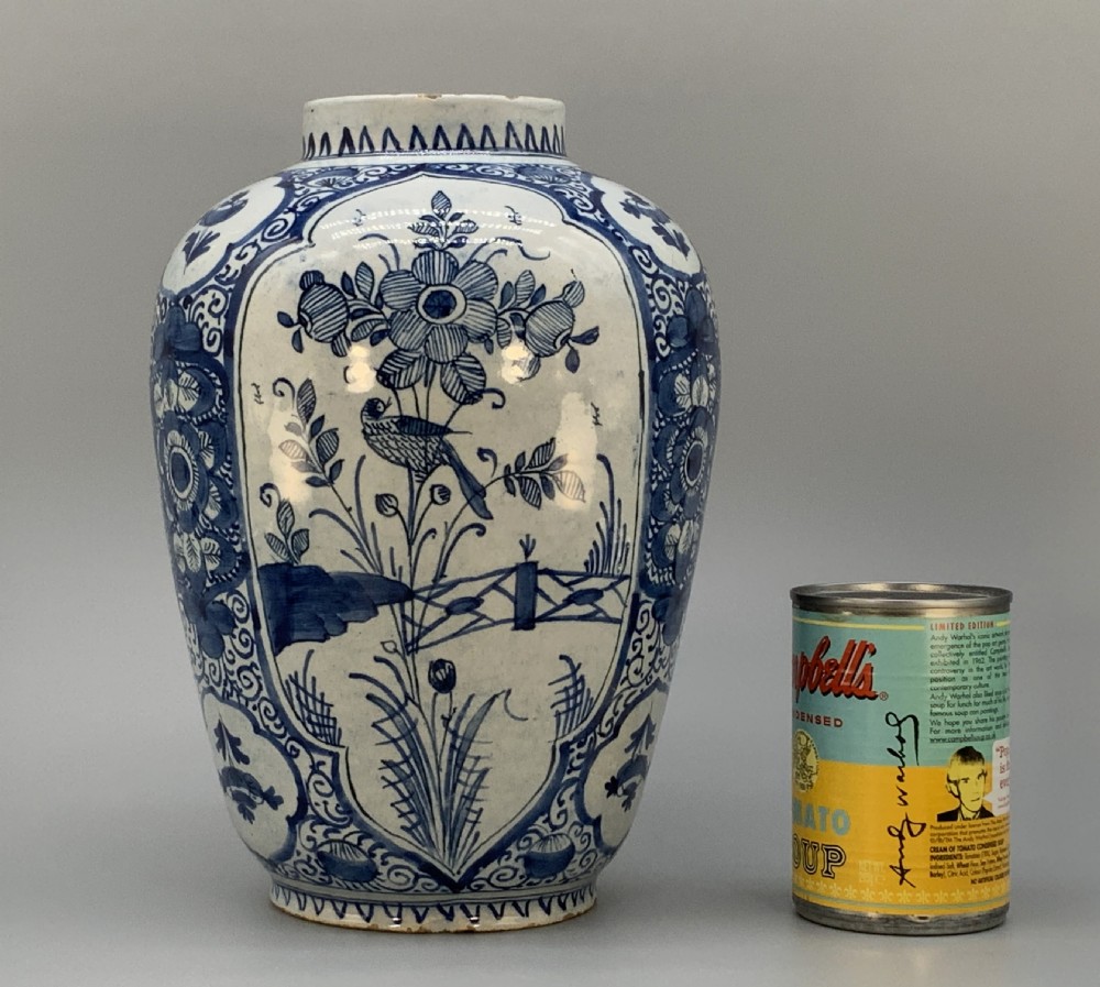 A 17th-century Dutch Delftware vase hand-painted in cobalt blue and white with chinoiserie motifs depicting birds and flowers. View II