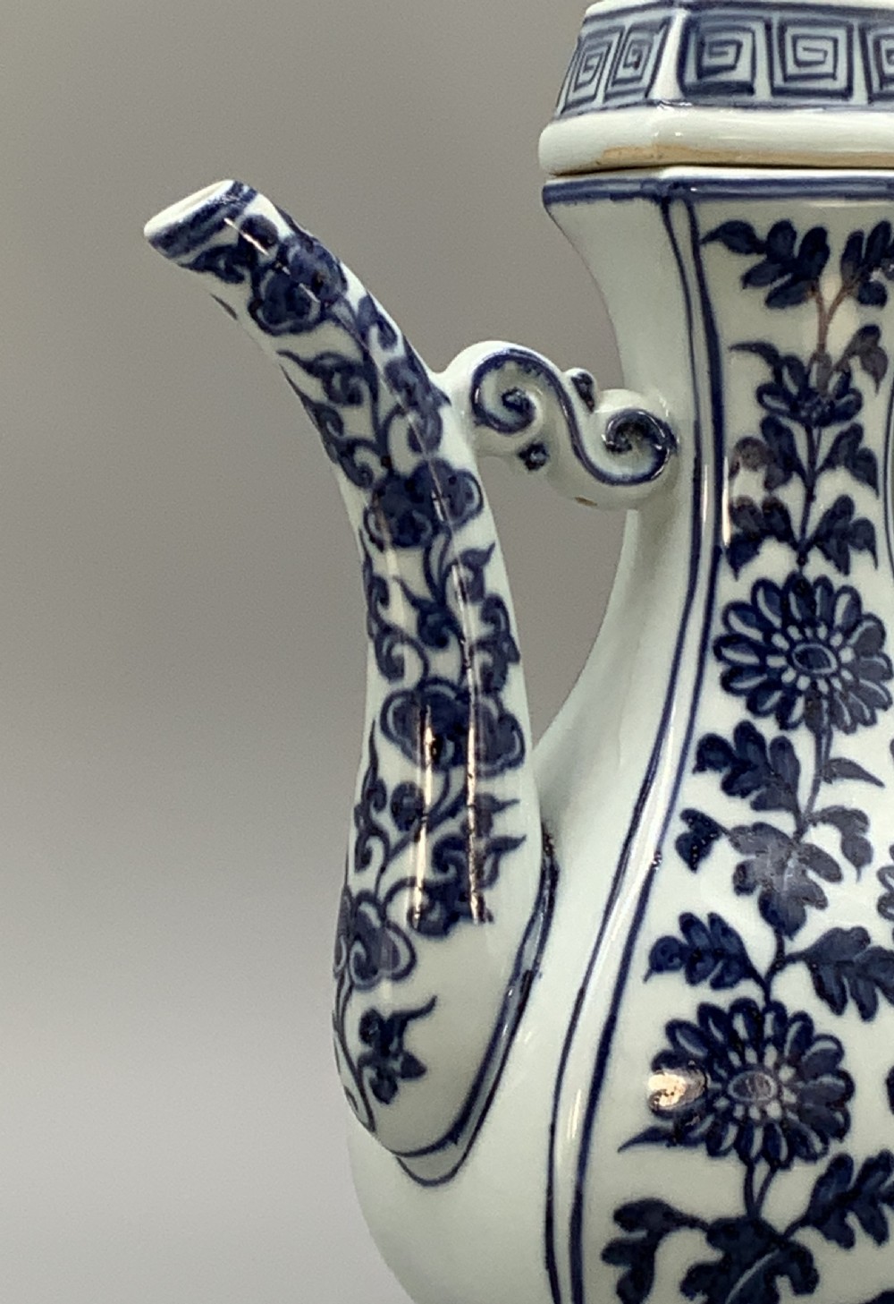 A blue and white porcelain ewer decorated with hand-painted floral foliage, featuring a high curved handle, slender curved spout, and a cover with a Foo dog finial. View XIII