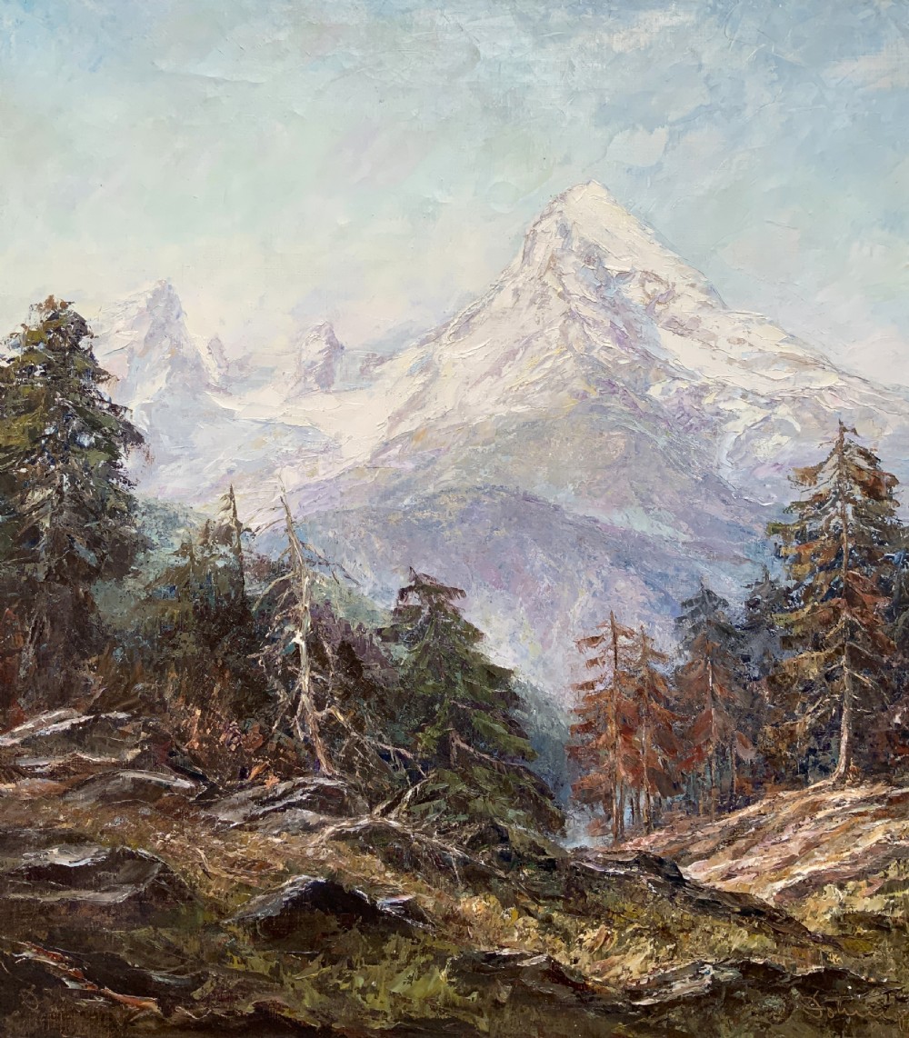 Large Superb Alpine Mountainous Forest Oil Painting - Signed View II