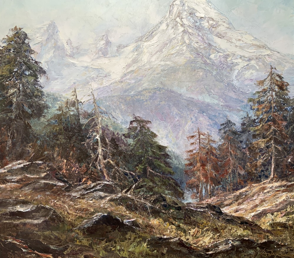 Large Superb Alpine Mountainous Forest Oil Painting - Signed View IV