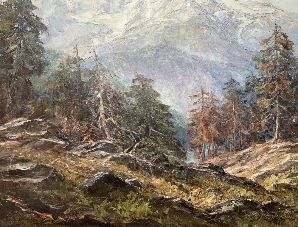 Large Superb Alpine Mountainous Forest Oil Painting - Signed View V