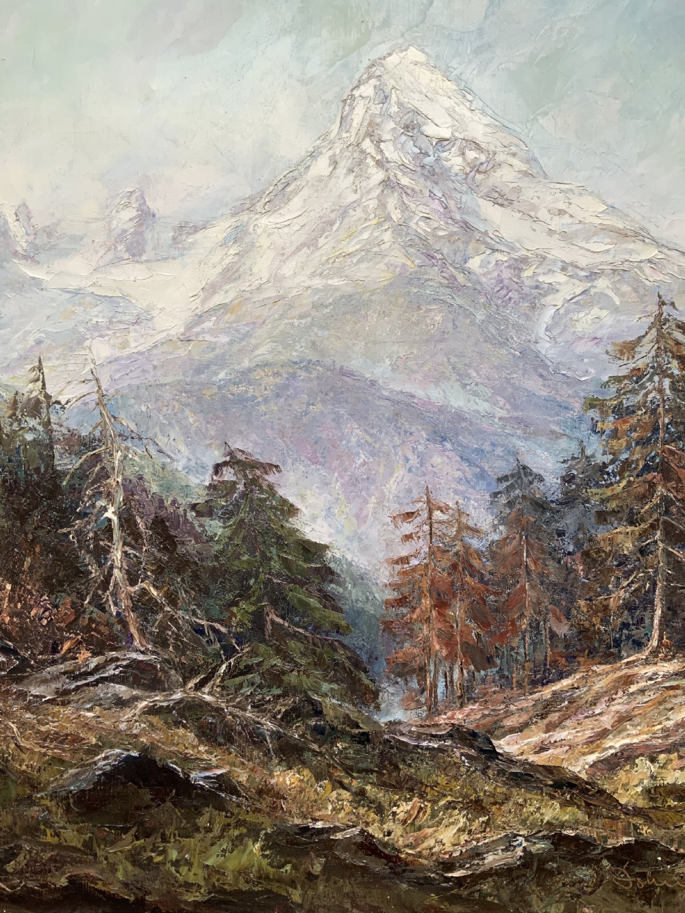 Large Superb Alpine Mountainous Forest Oil Painting - Signed View VI