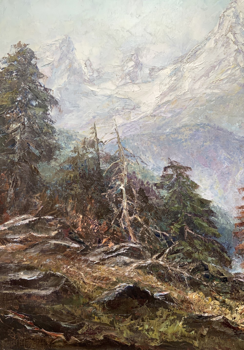 Large Superb Alpine Mountainous Forest Oil Painting - Signed View VII