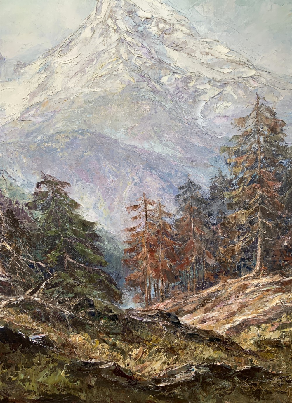 Large Superb Alpine Mountainous Forest Oil Painting - Signed View IX