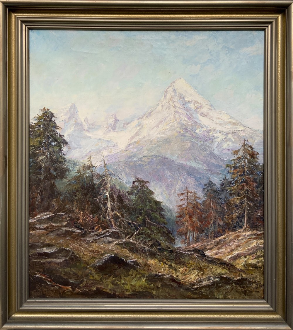 Large Superb Alpine Mountainous Forest Oil Painting - Signed View XIII