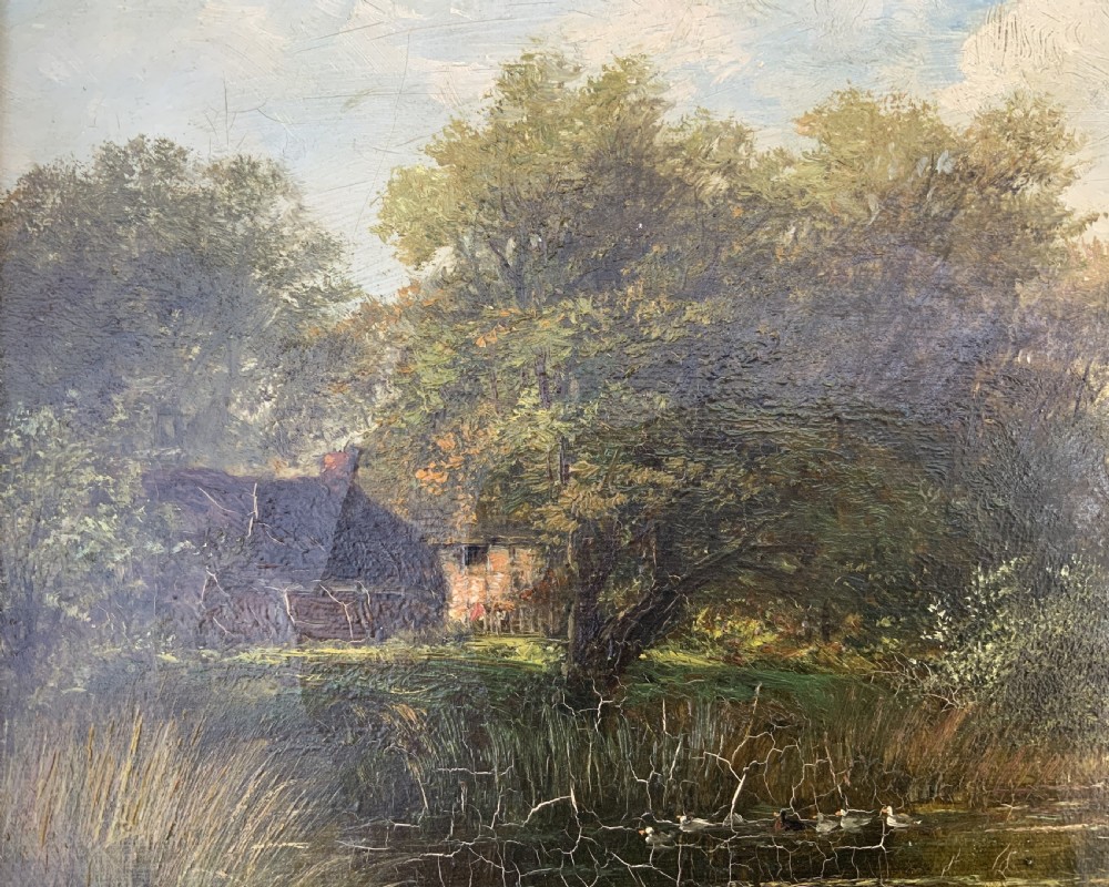 Att: Abraham Hulk Junior (British, 1851-1922) Duck Pond Riverscape Oil Painting View VII