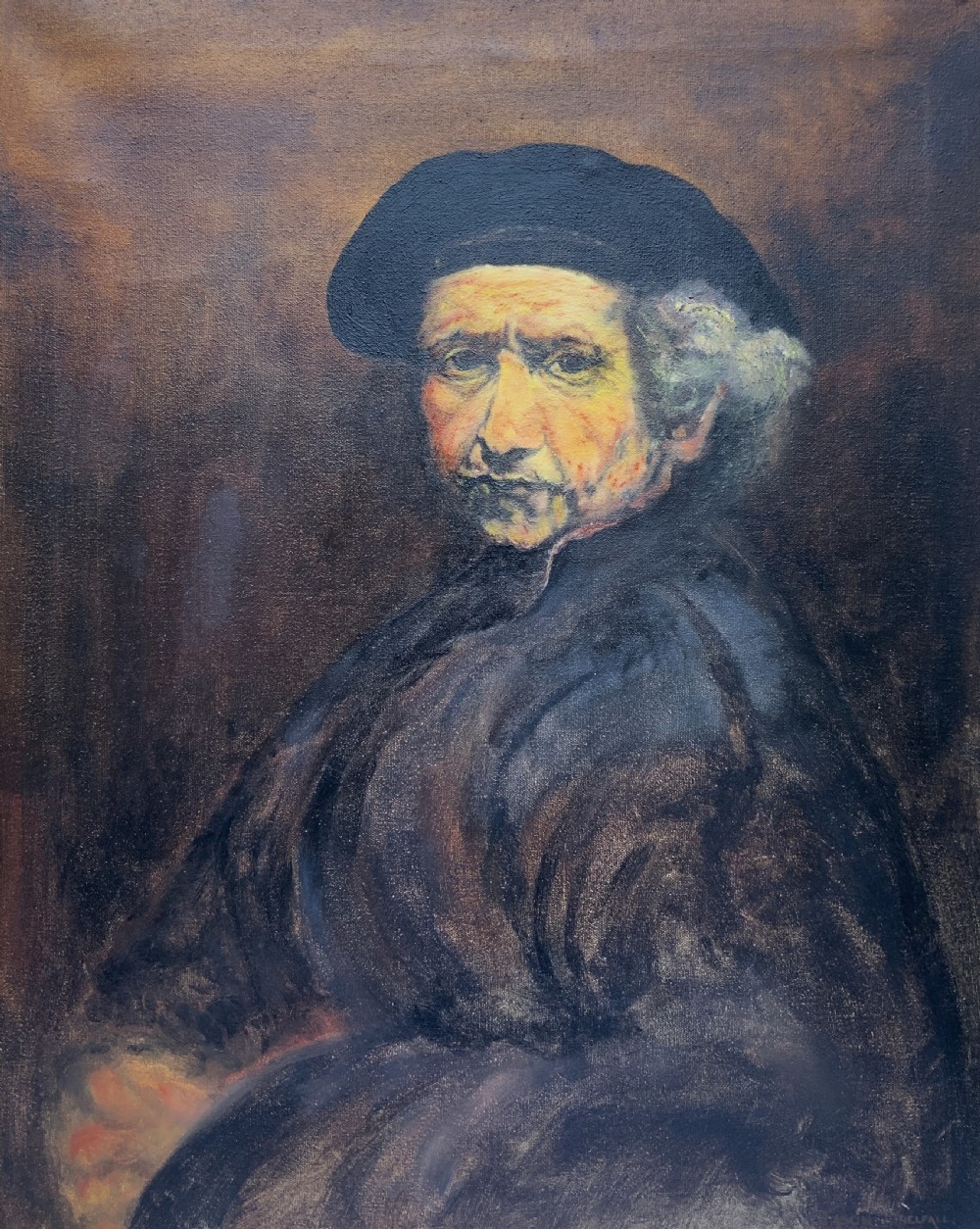 A framed oil portrait painting depicting Rembrandt van Rijn in a dark beret against a dark brown backdrop. View II