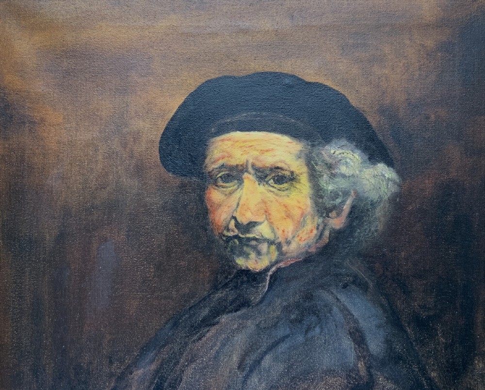 A framed oil portrait painting depicting Rembrandt van Rijn in a dark beret against a dark brown backdrop. View III