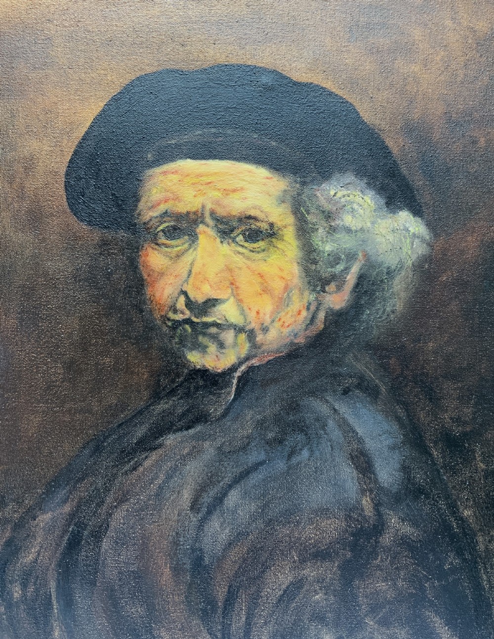 A framed oil portrait painting depicting Rembrandt van Rijn in a dark beret against a dark brown backdrop. View IV