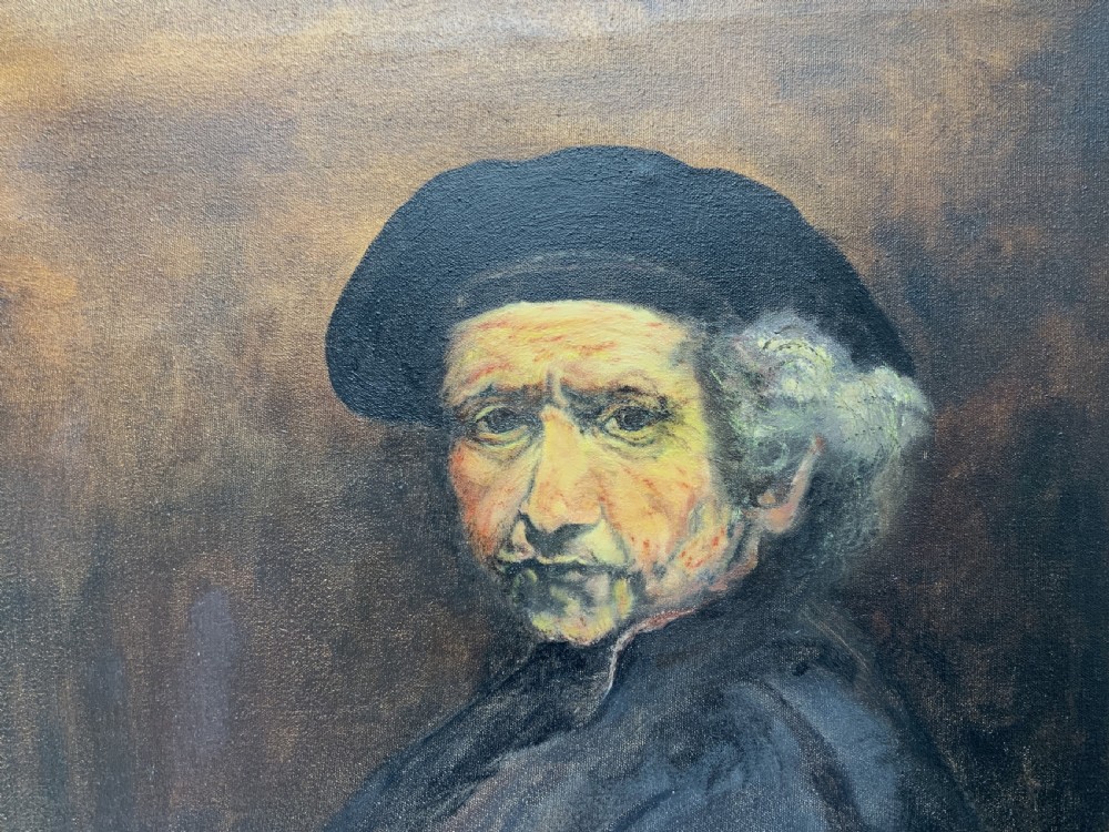 A framed oil portrait painting depicting Rembrandt van Rijn in a dark beret against a dark brown backdrop. View V