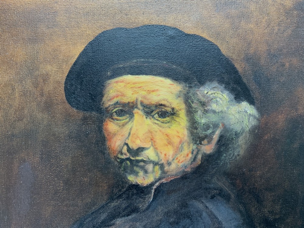 A framed oil portrait painting depicting Rembrandt van Rijn in a dark beret against a dark brown backdrop. View VI