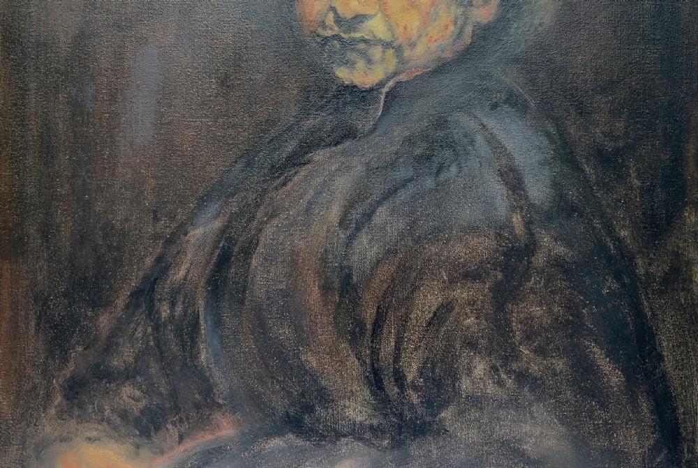 A framed oil portrait painting depicting Rembrandt van Rijn in a dark beret against a dark brown backdrop. View VIII
