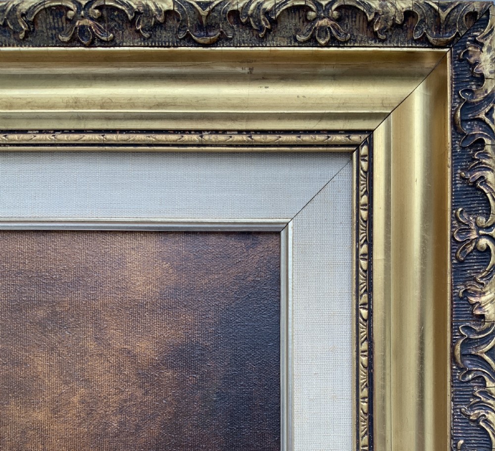A framed oil portrait painting depicting Rembrandt van Rijn in a dark beret against a dark brown backdrop. View X