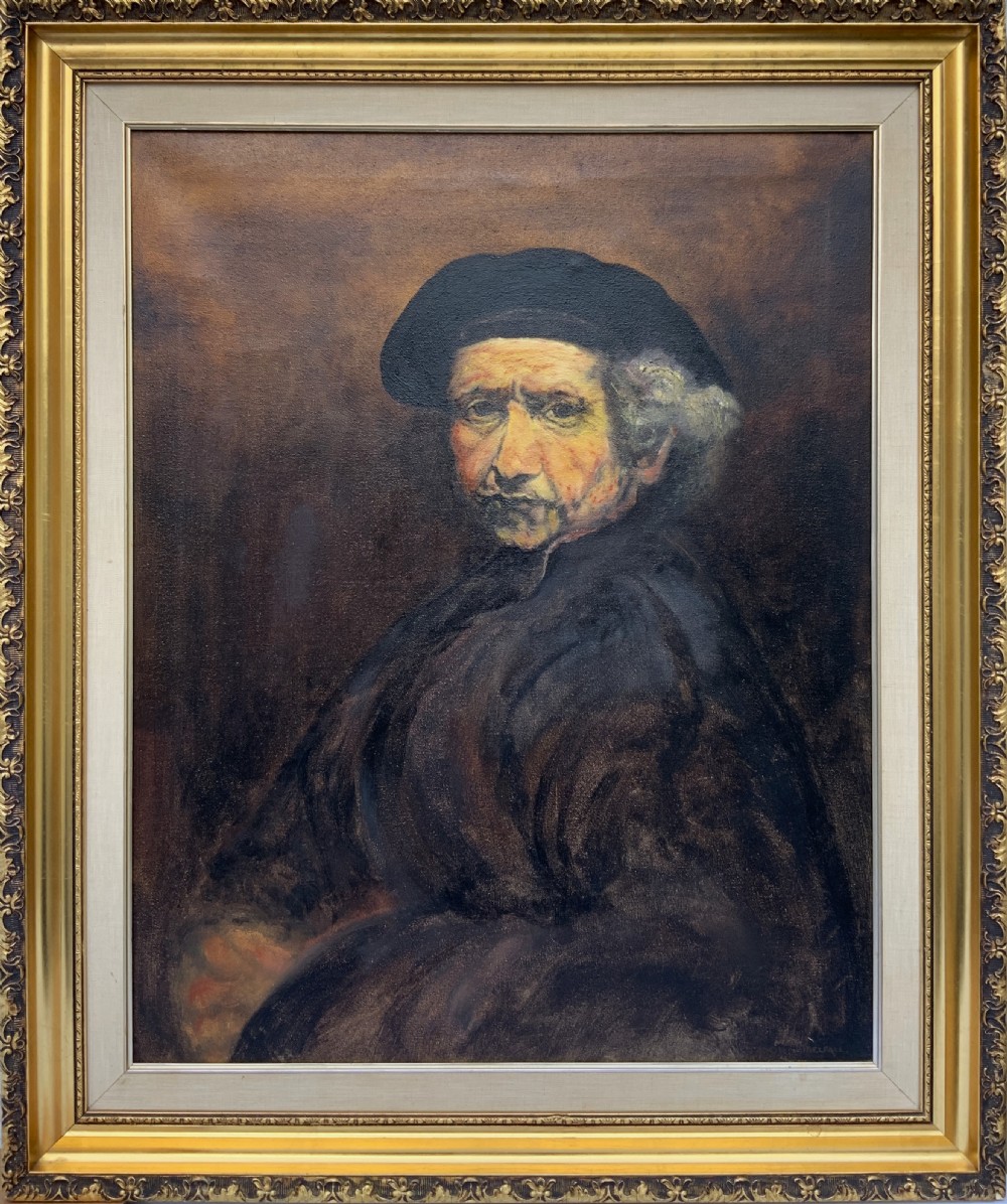 A framed oil portrait painting depicting Rembrandt van Rijn in a dark beret against a dark brown backdrop. View XII