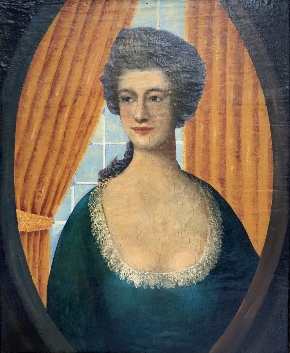 An 18th-century European oil painting depicting a woman in a teal dress set within a feigned oval and a carved gold leaf frame. View II