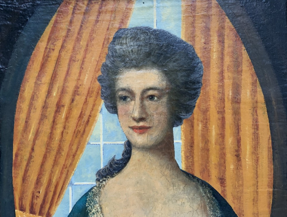 An 18th-century European oil painting depicting a woman in a teal dress set within a feigned oval and a carved gold leaf frame. View III