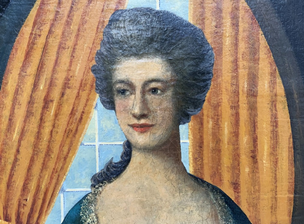An 18th-century European oil painting depicting a woman in a teal dress set within a feigned oval and a carved gold leaf frame. View IV