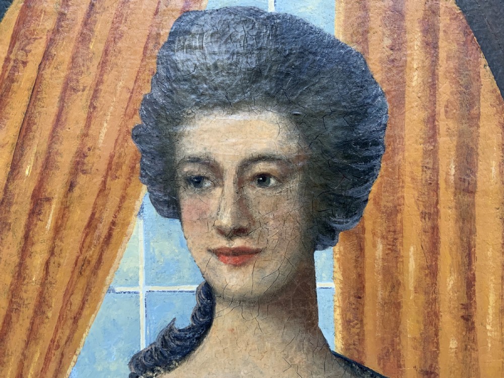 An 18th-century European oil painting depicting a woman in a teal dress set within a feigned oval and a carved gold leaf frame. View V