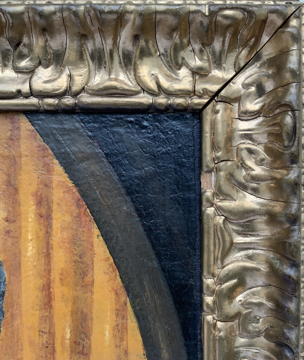 An 18th-century European oil painting depicting a woman in a teal dress set within a feigned oval and a carved gold leaf frame. View IX