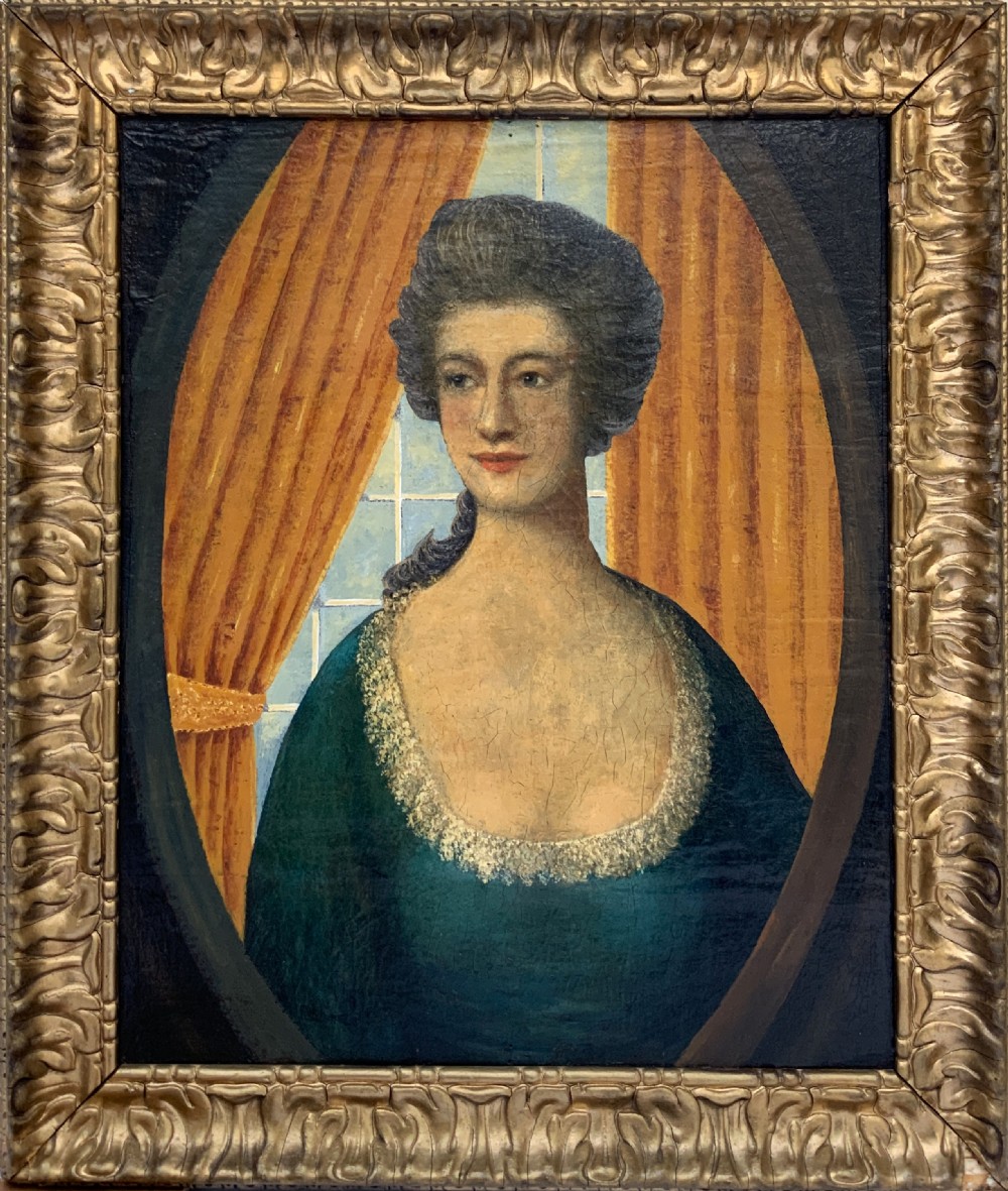 An 18th-century European oil painting depicting a woman in a teal dress set within a feigned oval and a carved gold leaf frame. View XI