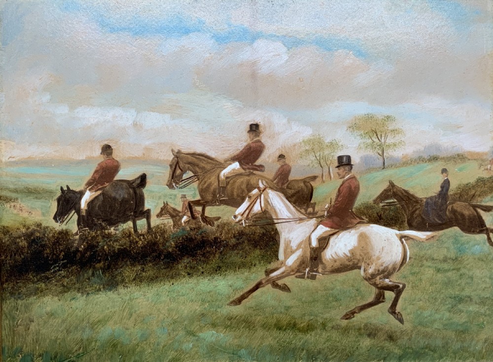 An oil painting on board depicting horseback riders navigating a grassy field, housed in a decorative gilded frame. View II