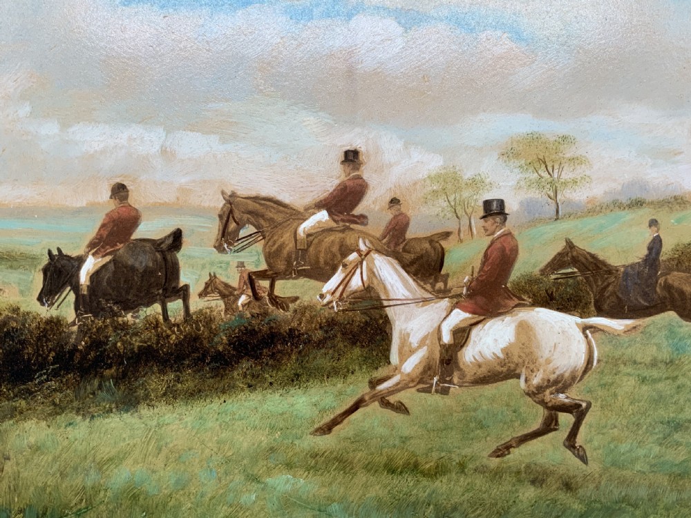 An oil painting on board depicting horseback riders navigating a grassy field, housed in a decorative gilded frame. View III