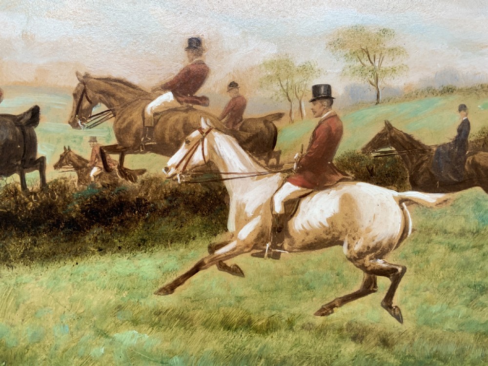 An oil painting on board depicting horseback riders navigating a grassy field, housed in a decorative gilded frame. View VIII