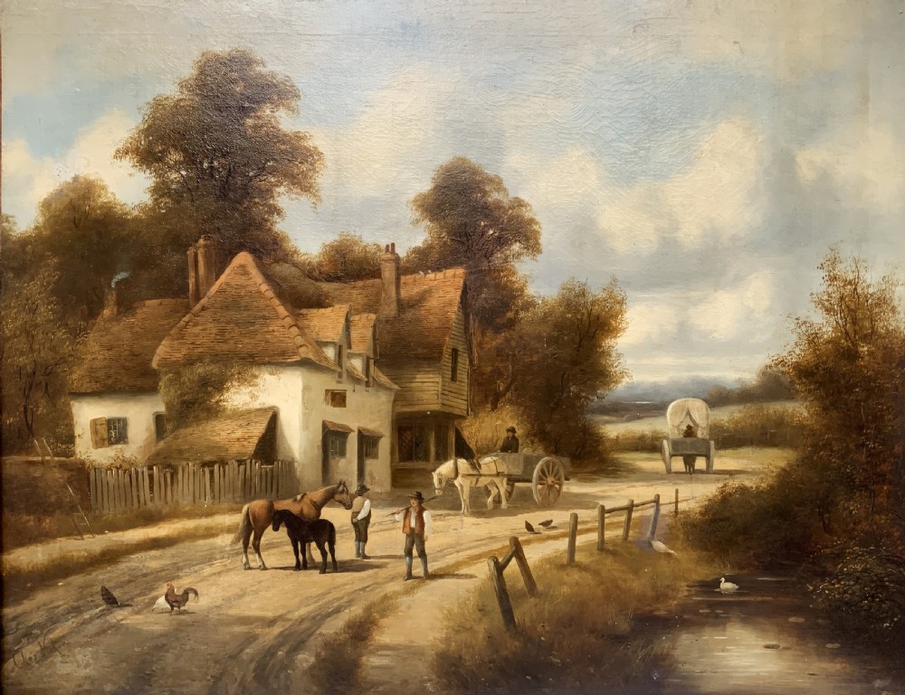 A 19th-century oil painting depicting a rural English village with horses, figures, and cottages on a dirt road, set in a carved gilded frame. View II