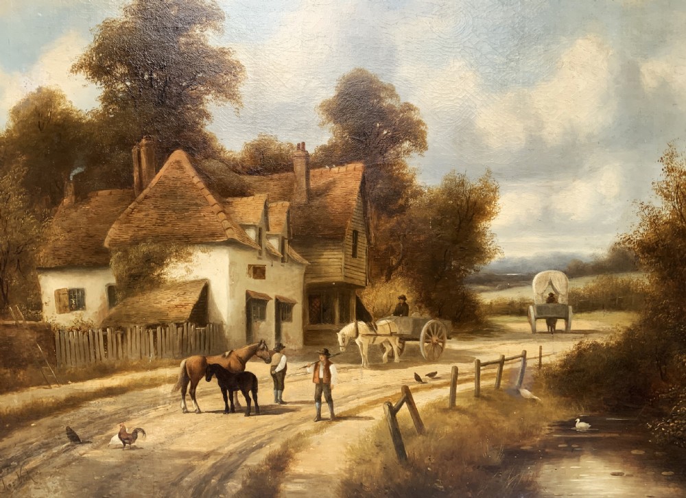 A 19th-century oil painting depicting a rural English village with horses, figures, and cottages on a dirt road, set in a carved gilded frame. View III
