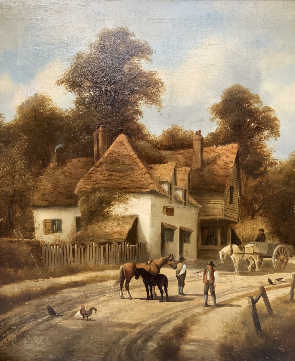 A 19th-century oil painting depicting a rural English village with horses, figures, and cottages on a dirt road, set in a carved gilded frame. View VI